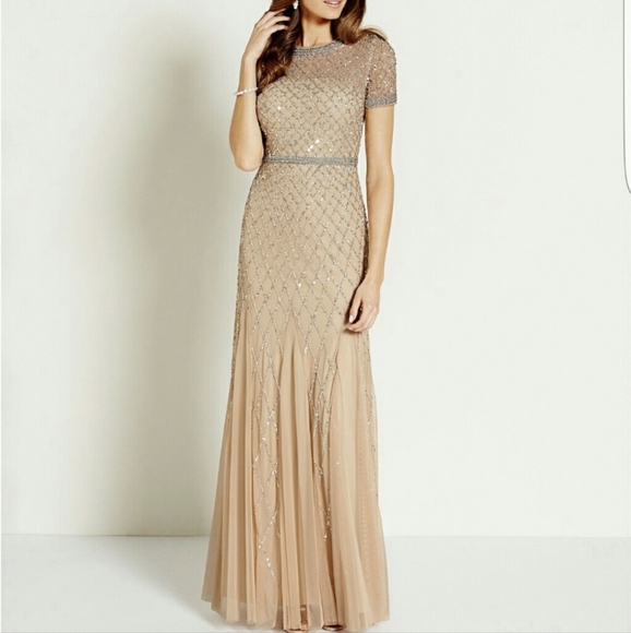 Adrianna Papell Short Sleeve Grid Beaded Gown - Picture 1 of 13